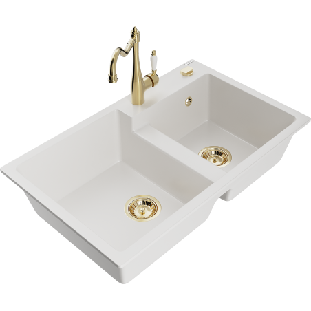 Mexen Tomas gránit konyhai mosogató 2 medencés Carla konyhai csapteleppel, fehér - 6516-20-670700-50