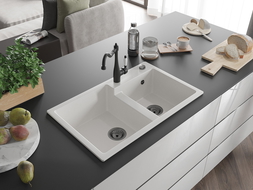 Mexen Tomas gránit mosogatótálca 2 rekeszes Carla konyhai csapteleppel, fehér - 6516-20-670700-70