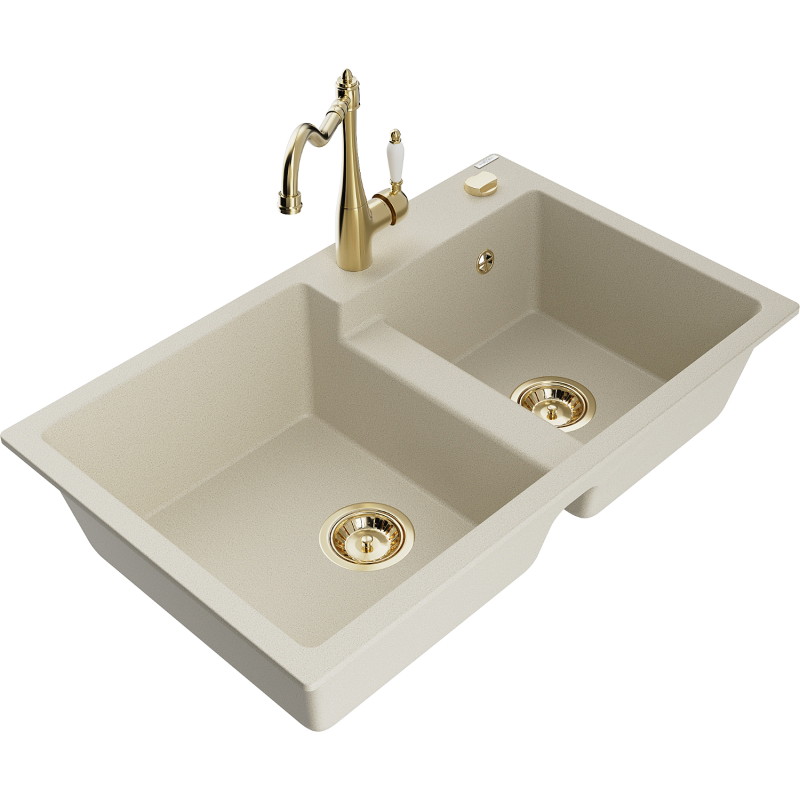 Mexen Tomas chiuvetă din granit 2-camere cu baterie de bucătărie Carla, bej - 6516-69-670700-50