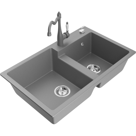 Mexen Tomas 2-medencés gránit mosogató Carla konyhai csapteleppel, szürke - 6516-71-670700-71