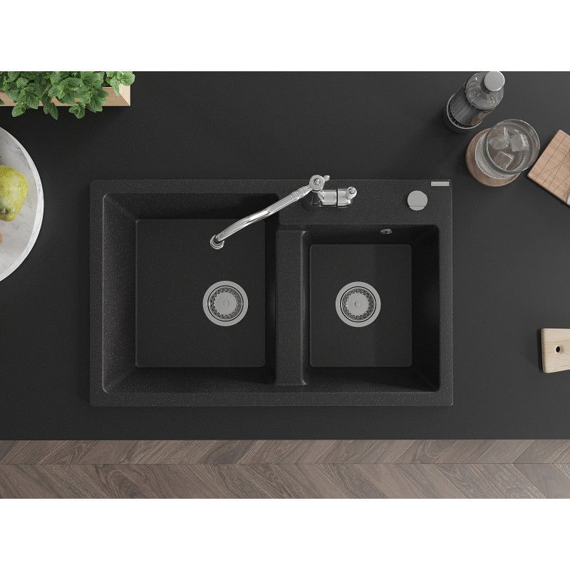 Mexen Tomas chiuvetă de granit cu 2 cuve și baterie de bucătărie Carla, metallic negru/argintiu - 6516-73-670700-00
