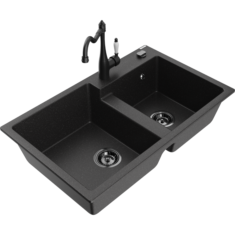 Mexen Tomas chiuvetă de granit cu 2 compartimente cu robinet de bucătărie Carla, negru/metal argintiu - 6516-73-670700-70-B
