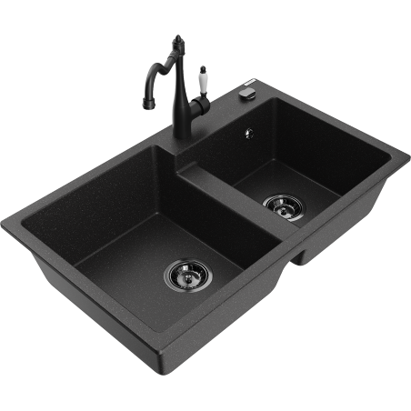 Mexen Tomas gránit mosogató kétkamrás Carla konyhai csapteleppel, fekete/ezüst metál - 6516-73-670700-70-B