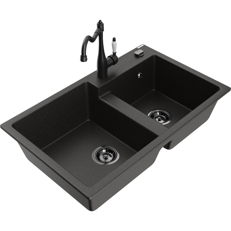 Mexen Tomas chiuvetă de granit cu 2 compartimente cu baterie de bucătărie Carla, negru/auriu metalic - 6516-75-670700-70-B