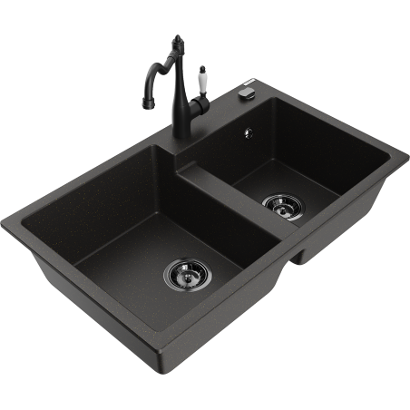 Mexen Tomas chiuvetă de granit cu 2 compartimente cu baterie de bucătărie Carla, negru/auriu metalic - 6516-75-670700-70-B