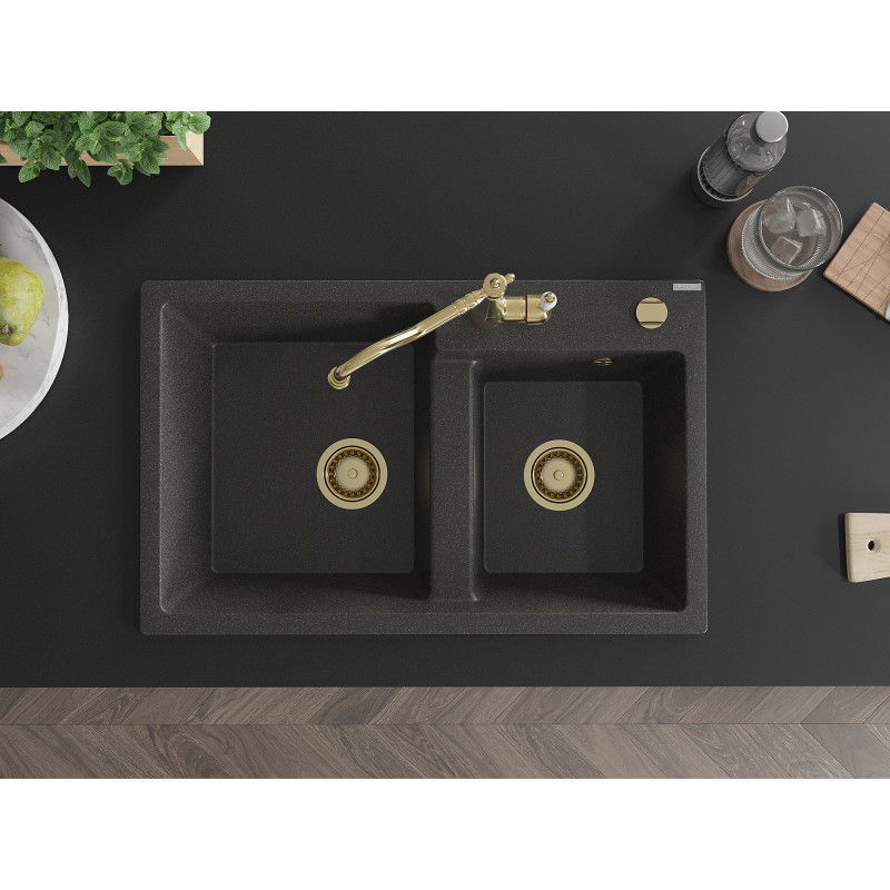 Mexen Tomas chiuvetă de bucătărie din granit cu 2 compartimente cu baterie Carla, negru pătat - 6516-76-670700-50