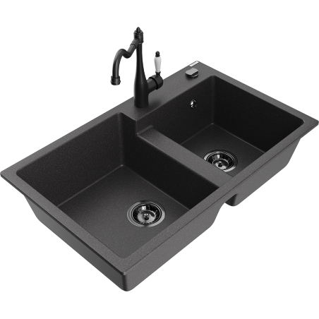 Mexen Tomas 2 medencés gránit mosogató Carla konyhai csappal, fekete pöttyös - 6516-76-670700-70-B