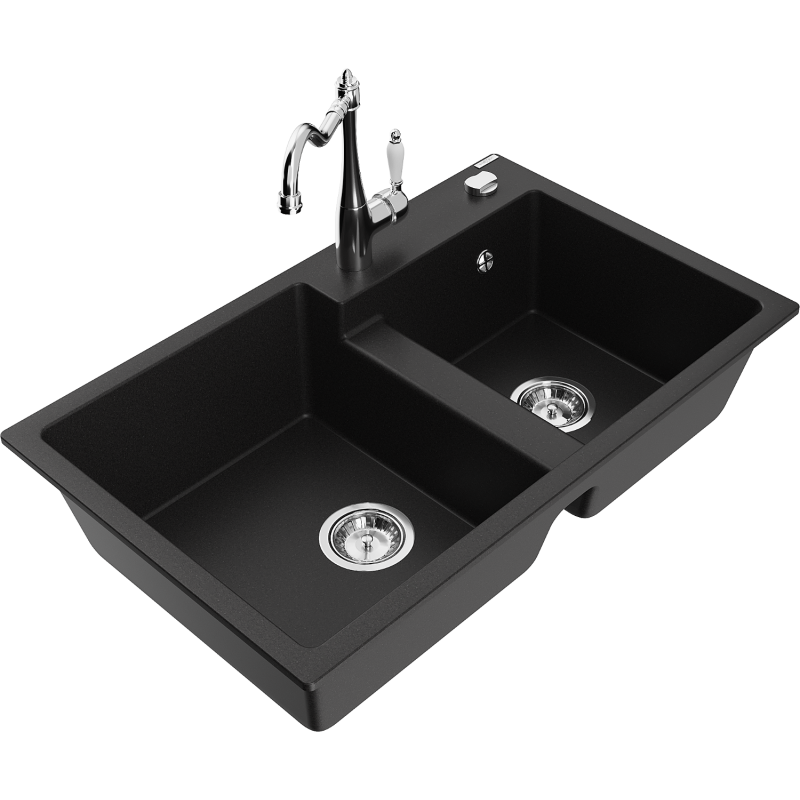 Mexen Tomas gránit mosogató 2-medencés konyhai csapteleppel Carla, fekete - 6516-77-670700-00