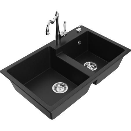 Mexen Tomas gránit mosogató 2-medencés konyhai csapteleppel Carla, fekete - 6516-77-670700-00