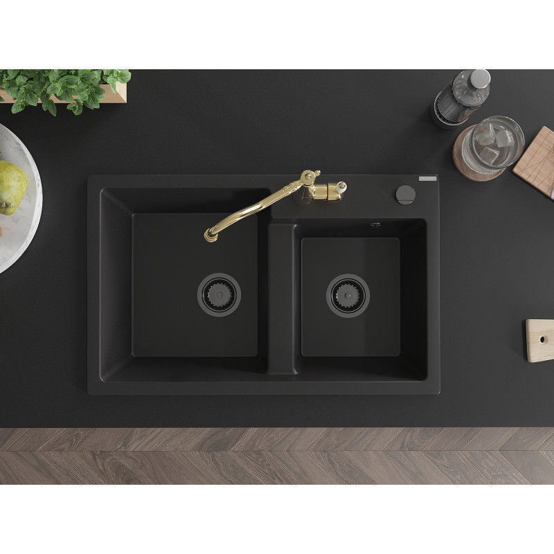 Mexen Tomas gránit mosogató 2 kamrás konyhai csappal Carla, fekete - 6516-77-670700-50-B
