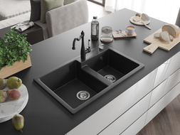 Mexen Tomas chiuvetă de granit cu 2 compartimente cu baterie de bucătărie Carla, negru - 6516-77-670700-70