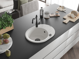 Mexen Kevin egymedencés gránit mosogató csepegtetővel és Carla konyhai csapteleppel, fehér - 6517-20-670700-70