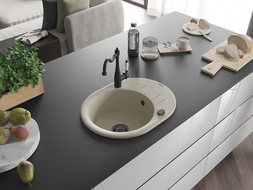 Mexen Kevin chiuvetă de bucătărie din granit cu 1 compartiment, cu scurgător și baterie Carla, bej - 6517-69-670700-70