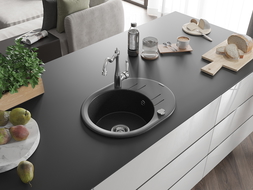 Chiuvetă granit Mexen Kevin 1-cuptor cu scurgător și baterie de bucătărie Carla, negru/argintiu metalic - 6517-73-670700-00