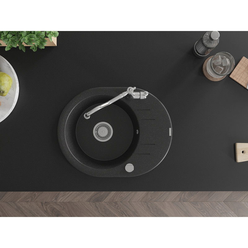 Mexen Kevin chiuvetă de granit cu 1 compartiment cu scurgător și baterie de bucătărie Carla, negru/argintiu metalic