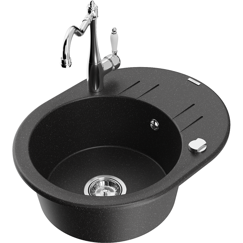 Mexen Kevin chiuvetă de granit cu 1 compartiment cu scurgător și baterie de bucătărie Carla, negru/argintiu metalic