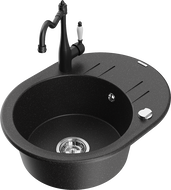 Mexen Kevin 1-kamrás, csepegtetős, gránit mosogató és Carla konyhai csaptelep, fekete/ezüst metál - 6517-73-670700-70