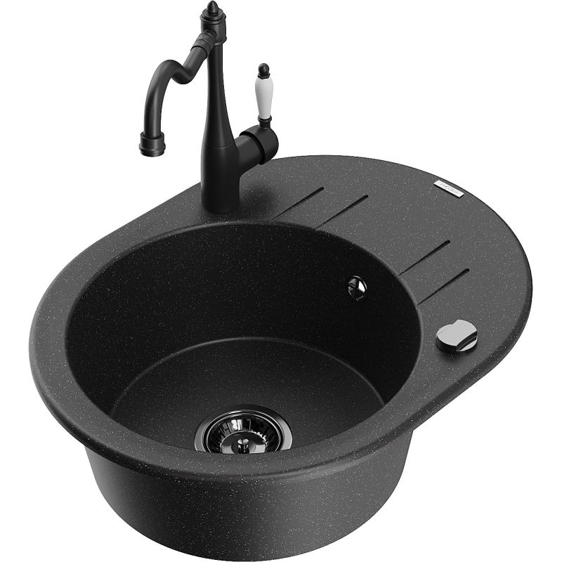 Mexen Kevin chiuvetă din granit cu 1 compartiment, cu scurgător și baterie de bucătărie Carla, negru/metalizat argintiu