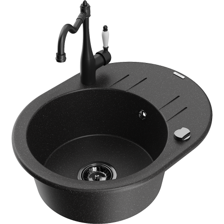 Mexen Kevin chiuvetă din granit cu 1 compartiment, cu scurgător și baterie de bucătărie Carla, negru/metalizat argintiu