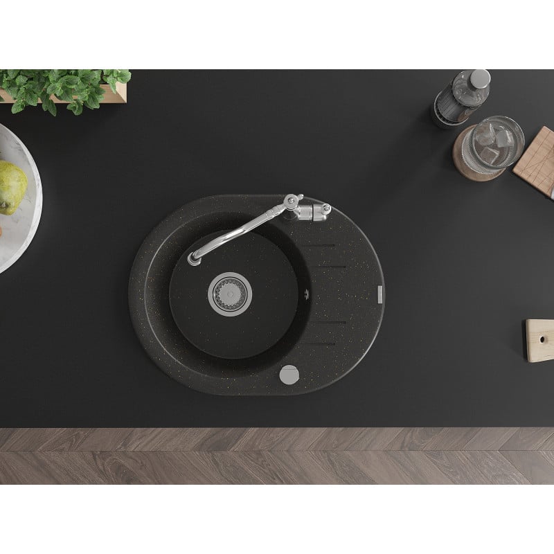 Mexen Kevin chiuvetă de bucătărie din granit cu 1 cuvă, cu scurgător și baterie Carla, negru/auriu metalizat