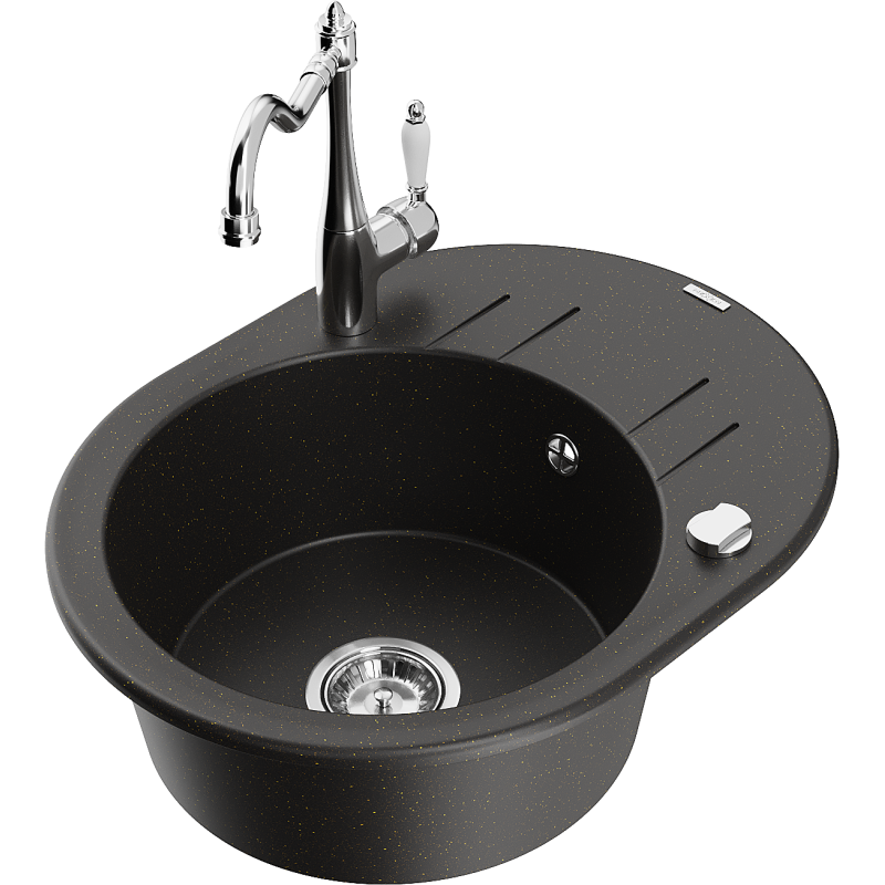 Mexen Kevin chiuvetă de bucătărie din granit cu 1 cuvă, cu scurgător și baterie Carla, negru/auriu metalizat