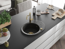 Mexen Kevin chiuvetă de granit cu 1 cuvă cu scurgător și baterie bucătărie Carla, negru/auriu metalic - 6517-75-670700-50