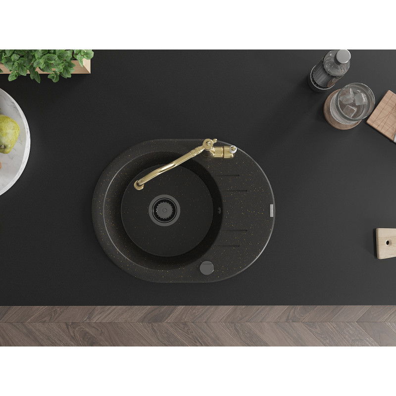 Mexen Kevin 1-medencés gránit mosogató csepegtetővel és Carla konyhai csapteleppel, fekete/arany metál - 6517-75-670700-50-B