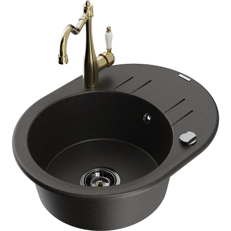 Mexen Kevin chiuvetă de granit cu 1 compartiment, cu picurător și baterie de bucătărie Carla, negru/auriu metalic