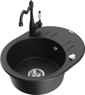 Mexen Kevin chiuvetă din granit cu 1 compartiment cu picurător și baterie de bucătărie Carla, negru/auriu metalizat