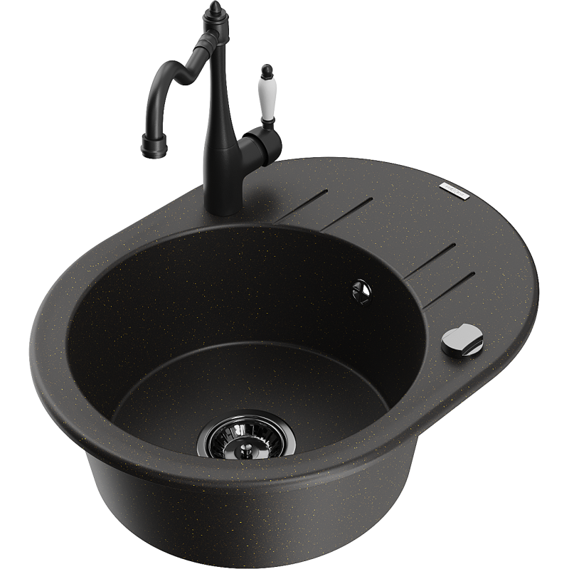 Mexen Kevin chiuvetă din granit cu 1 compartiment cu scurgător și baterie de bucătărie Carla, negru/auriu metalizat