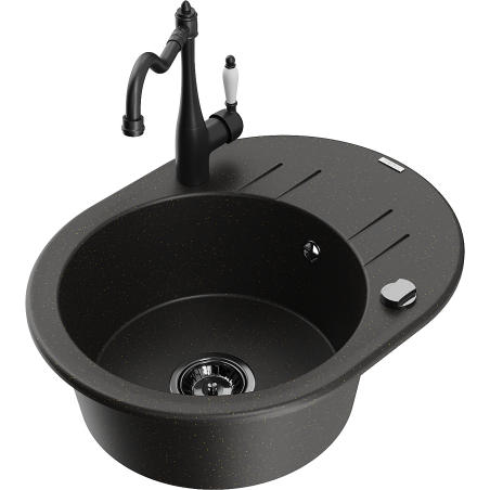 Mexen Kevin chiuvetă din granit cu 1 compartiment cu scurgător și baterie de bucătărie Carla, negru/auriu metalizat