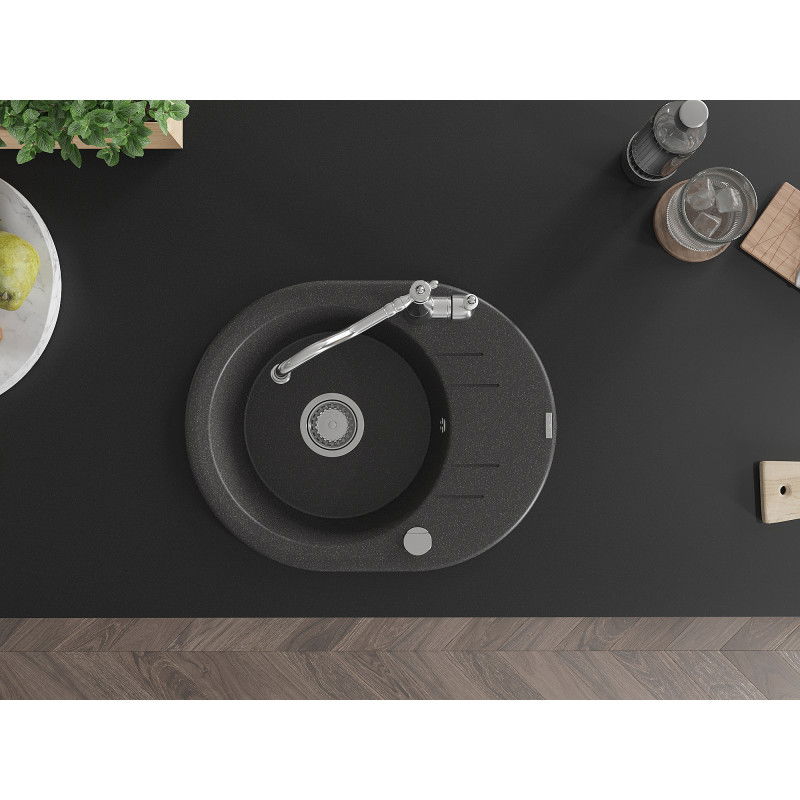 Mexen Kevin gránit mosogatótálca 1-medencés csepegtetővel és Carla konyhai csapteleppel, fekete pöttyös - 6517-76-670700-00