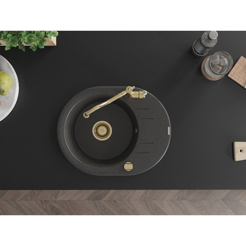 Mexen Kevin chiuvetă din granit cu 1 compartiment cu picurător și baterie de bucătărie Carla, negru stipat - 6517-76-670700-50