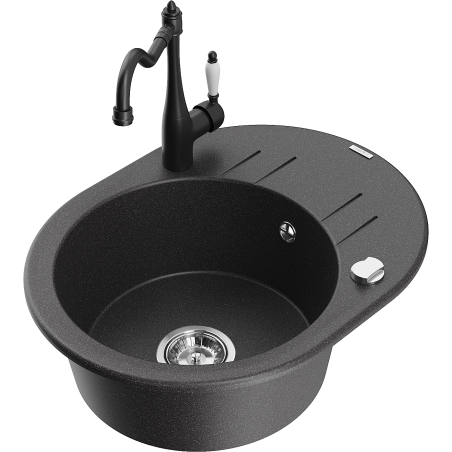 Mexen Kevin chiuveta de bucătărie din granit cu o cuvă și scurgător și cu baterie Carla, negru picurat - 6517-76-670700-70