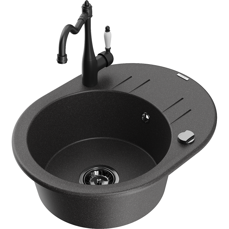 Mexen Kevin chiuvetă de granit cu o singură cuvă, cu scurgător și baterie de bucătărie Carla, negru pătat