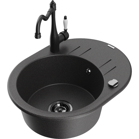 Mexen Kevin chiuvetă de granit cu o singură cuvă, cu scurgător și baterie de bucătărie Carla, negru pătat