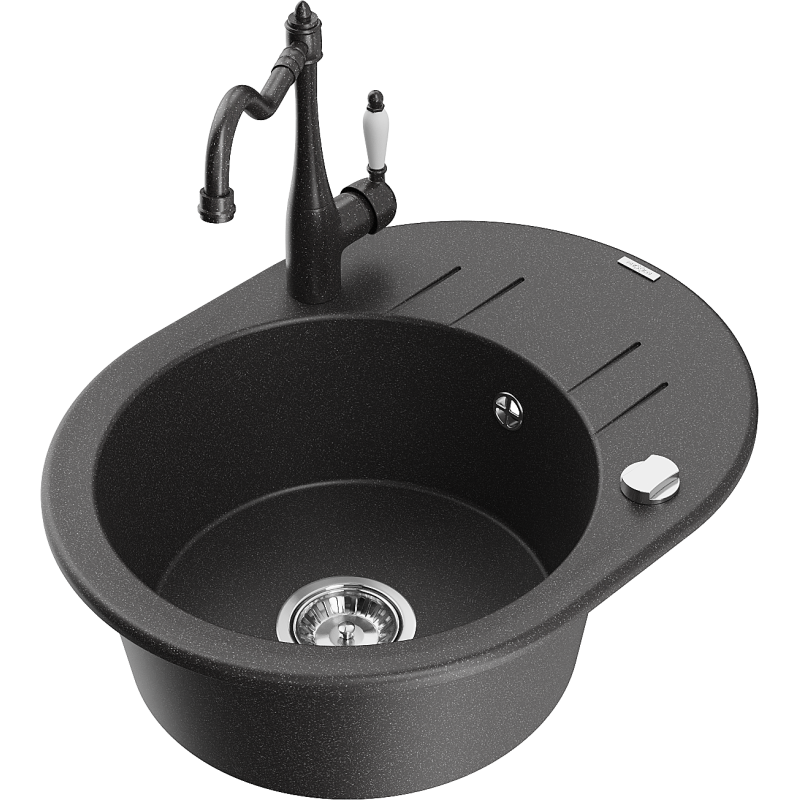 Mexen Kevin chiuvetă de granit cu 1 compartiment cu scurgător și baterie de bucătărie Carla, negru cu pete