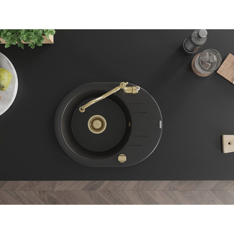 Mexen Kevin egymedencés gránit mosogató csepegtetővel és Carla konyhai csapteleppel, fekete - 6517-77-670700-50