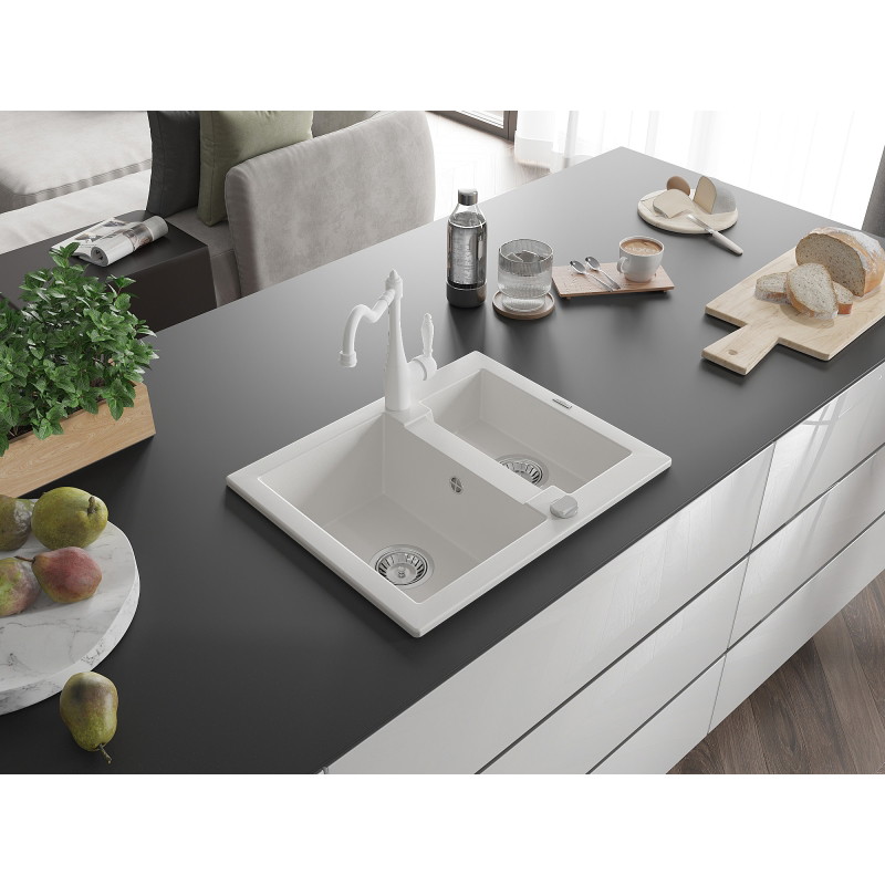 Mexen Carlos chiuvetă de granit cu 1,5 compartimente cu baterie de bucătărie Carla, albă - 6518-20-670700-20