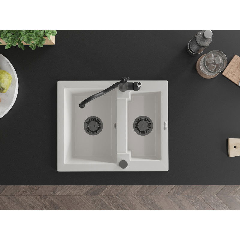 Mexen Carlos gránit mosogató 1,5 medencés konyhai csapteleppel Carla, fehér - 6518-20-670700-70