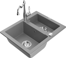 Mexen Carlos chiuvetă de bucătărie din granit, cu 1,5 compartimente, cu baterie de bucătărie Carla, gri - 6518-71-670700-00