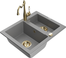 Mexen Carlos chiuvetă din granit cu 1,5 cuve și baterie bucătărie Carla, gri - 6518-71-670700-50