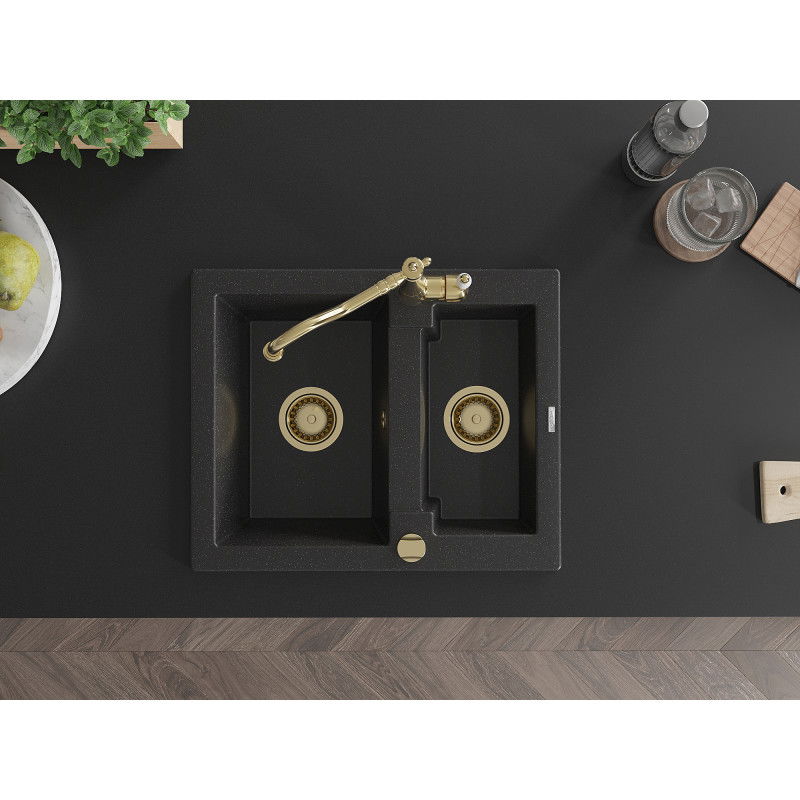 Mexen Carlos gránit mosogató 1,5 medencés Carla konyhai csappal, fekete/ezüst metál - 6518-73-670700-50