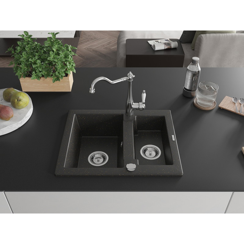 Mexen Carlos 1,5 rekeszes gránit mosogató Carla konyhai csapteleppel, fekete/gold metál - 6518-75-670700-00