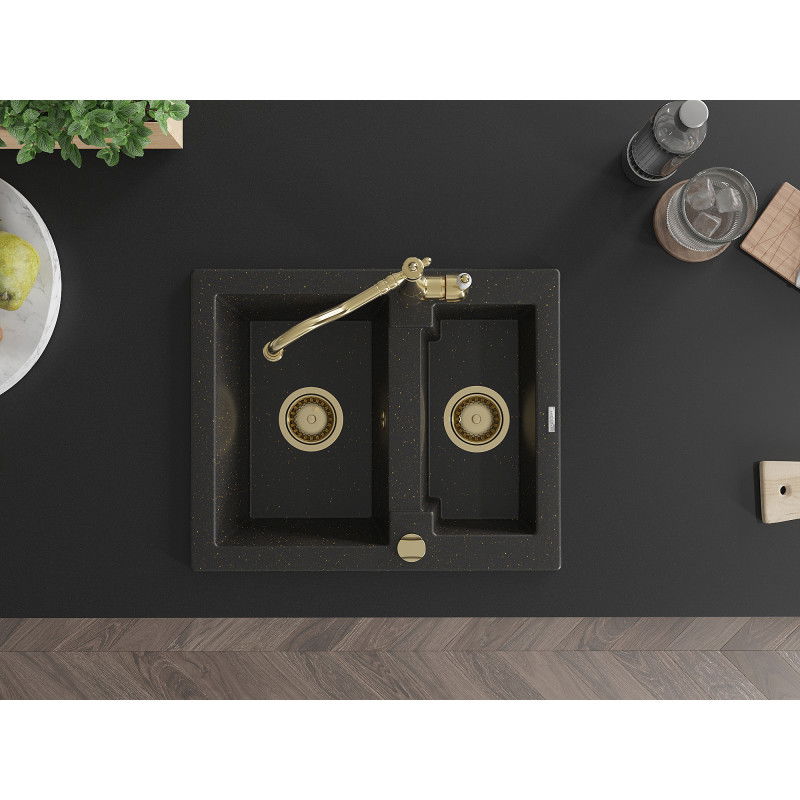 Mexen Carlos chiuvetă din granit cu 1,5 compartimente cu baterie de bucătărie Carla, negru/auriu metalic - 6518-75-670700-50