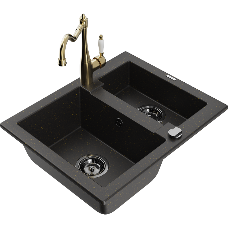 Mexen Carlos chiuvetă de granit cu 1,5 compartimente cu baterie de bucătărie Carla, negru/auriu metalic - 6518-75-670700-50-B