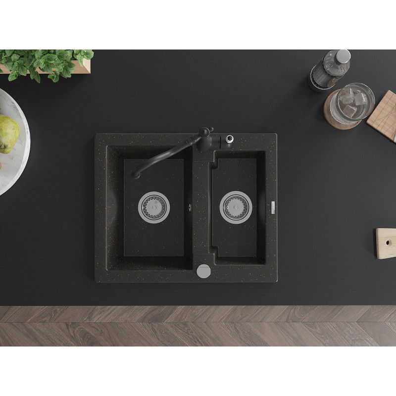 Mexen Carlos chiuvetă de bucătărie din granit cu 1,5 compartimente și robinet Carla, negru/auriu metalic - 6518-75-670700-70