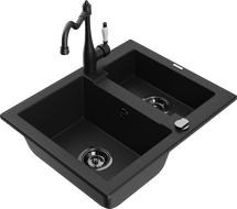 Mexen Carlos chiuvetă de bucătărie din granit cu 1,5 cuve și baterie de bucătărie Carla, negru - 6518-77-670700-70-B