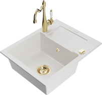 Mexen Enzo egykamrás gránit mosogatótálca csepegtetővel és Carla konyhai csapteleppel, fehér - 6506-20-670700-50