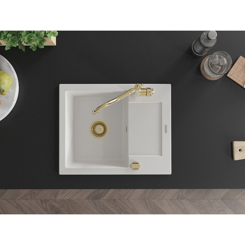 Mexen Enzo chiuvetă de bucătărie granit 1 cuvă cu picurător și baterie de bucătărie Carla, alb - 6506-20-670700-50